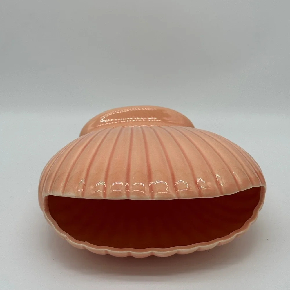 Vintage 80s Peach Ceramic Scallop Shell Fan Vase Japan Art Deco Planter 7x7